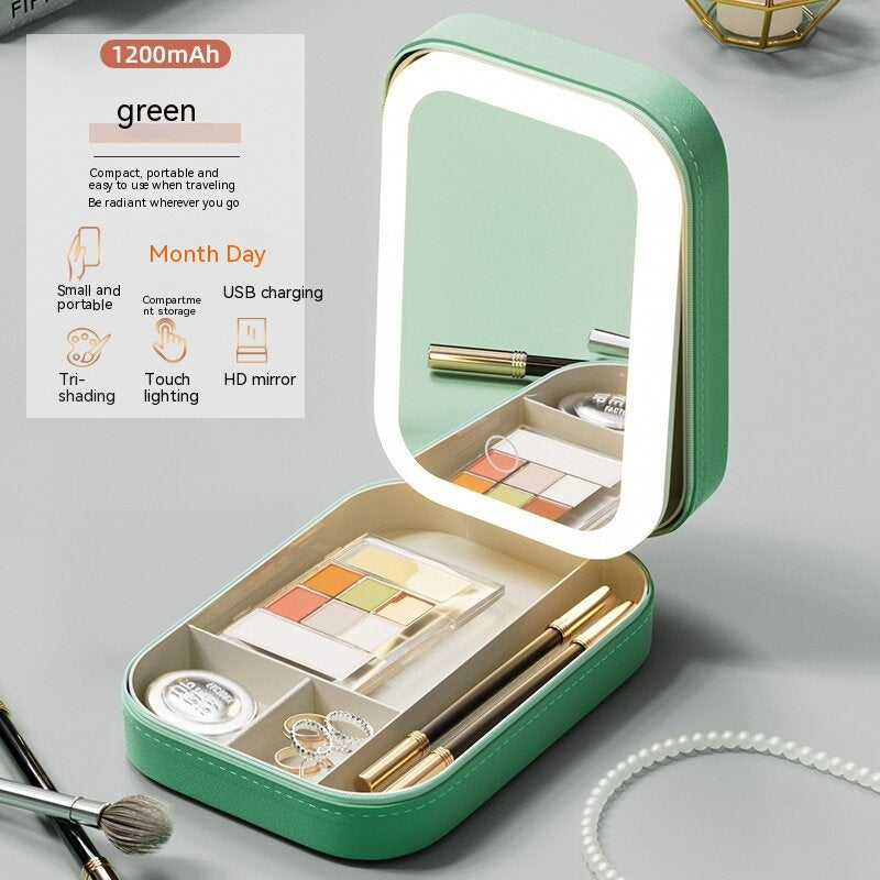 Makeup Storage Box with LED Light Mirror Portable Travel Makeup Cosmetics Storage Box Touch Light Storage Organizer